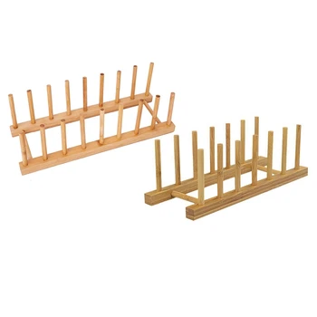 

2 Pcs Bamboo Dish Plate Bowl Cup Book Pot Lid Cutting Board Kitchen Dish Storage Tray Shelf Bamboo Holder Plate Bracket Drainer
