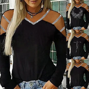 

Autumn Off Shoulder T-shirts Women Bling Bling Diamonds Tee Shirts Ladies Eleagnt V-Neck Tshirts Tops Femme Streetwear camisetas