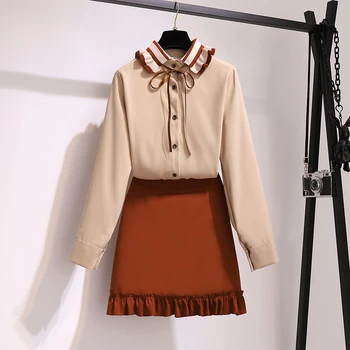 

2 Piece Set Women Chiffon Patchwork Shirt 2020 Fashion Preppy Look Spring White Office Ladies Blouse+Mini Brown A Line Skirt Set