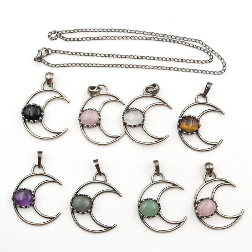 XSM Moon-Shaped Crescent Pendant Necklaces Crown Inlay Oval Shaped Natural Stone Simple Style Vintage Copper Women Men Jewelry | Украшения