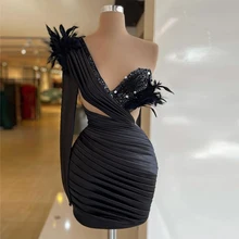 

Sexy Fashion Party Dress One Shoulder Long Sleeves Sequins Sparkly Short Mini Length Women Evening Cocktail Gowns Custom Made