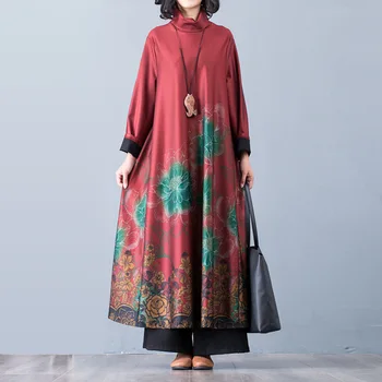 

2020 Women Vintage Print Ehnic Style Cotton Dress Loose Retro Long Maxi Dress Spring Casual Elegant Long Sleeve Robe Oversize