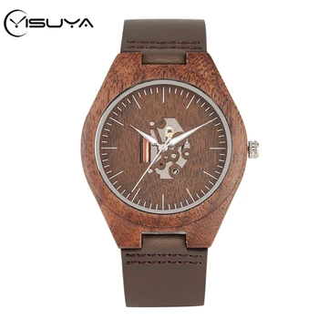 

YISUYA Men Watch Walnut Wood Watches Retro Stripe Exposed Skeleton Hollow Dial Clock Leather Wrist Clock Male Reloj Lover Gifts
