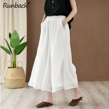 

Runback Palazzo Pants Split Cuff Wide Leg Pant Capri Pull On Comfy Elastic Waist Black White Solid Plus Size Boho Pocket Trouser