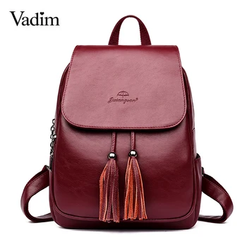 

Vadim Fashion Women Backpack Tassel Female Back Bag Solid PU Leather Ladies Backpack Large Capacity School Bag Sac A Dos Mochila