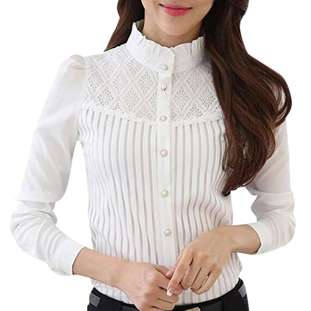 off the shoulder shirts & tops Ladies stand-up  long-sleeved chiffon shirt bottomingt Slim all Collared Pleated Chiffon Button Down Shirt Sleeve Lace Blouse women's denim shirts & tops