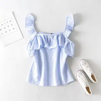 

2020 New Fashion Brand Summer Shirt Butterfly Sleeve Cotton Slash Neck Casual Striped Short