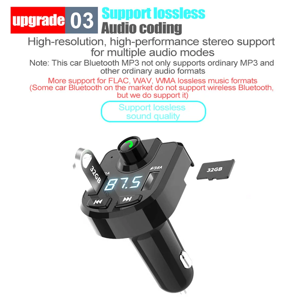 Беспроводной автомобильный комплект Bluetooth 5,0, fm-передатчик, Автомобильный MP3-плеер A, быстрая зарядка, двойное зарядное устройство USB, поддержка TF карты