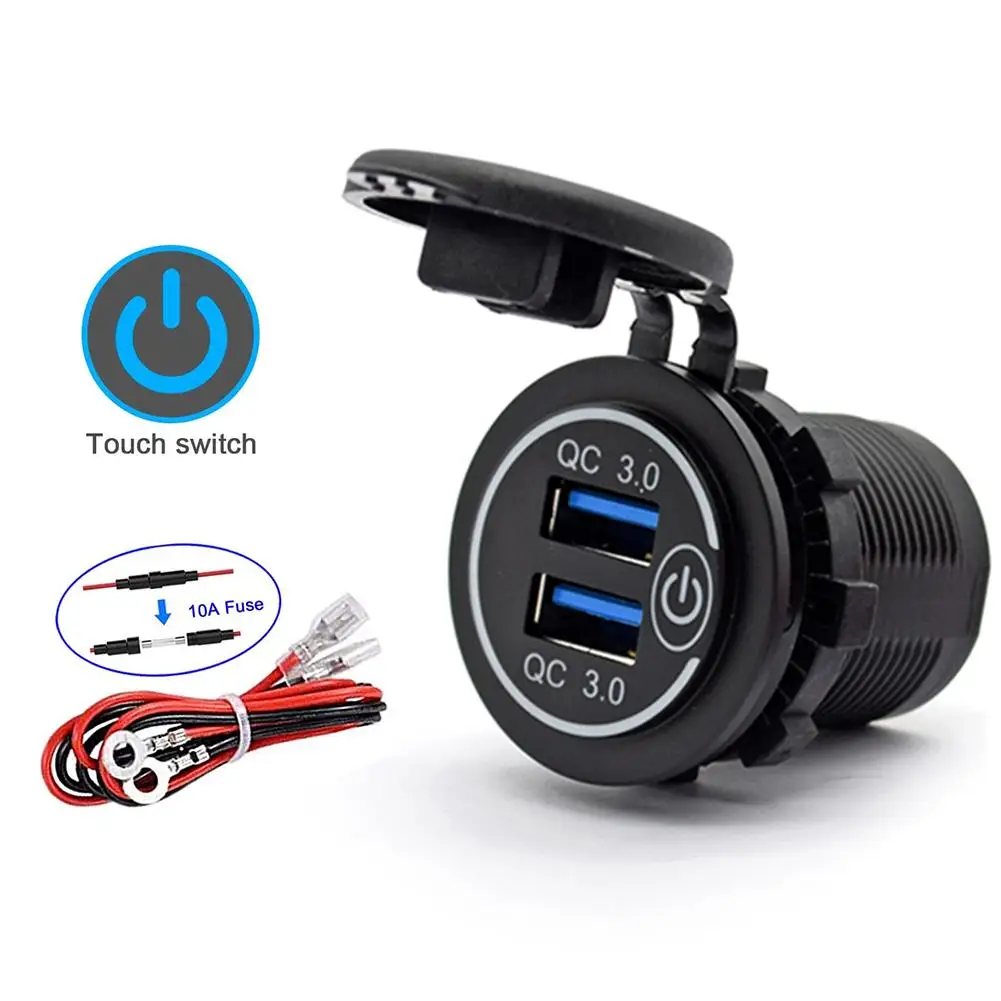 

Car Dual USB Charger Socket Motorcycle Charger Quick Charge QC3.0 Waterproof Power Outlet With Touch Switch For Car Boat Motos