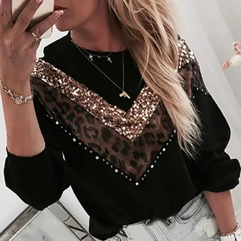 

Women Black White Long Sleeve Sweatshirts Patchwork Sequins Print Pullover Harajuku Hoodie Pullover Women Clothes New Sweatshirt