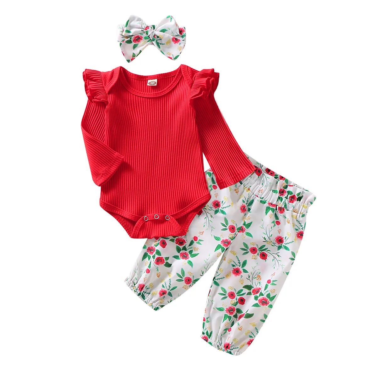 

0-18M Newborn Baby Girl Long Sleeve Cotton Bodysuit Tops Floral Long Pant Trouser Headband 3PCS Baby Clothing Set