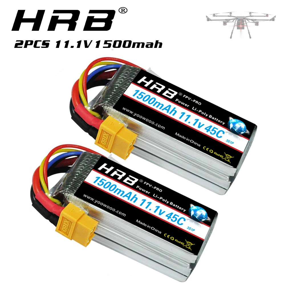 

2 Units HRB 3S 11.1V 1500mah Lipo Battery 45C 90C XT60-T Connector for RC Airplane Boat tank Car Evader BX Skylark Mini Shredder