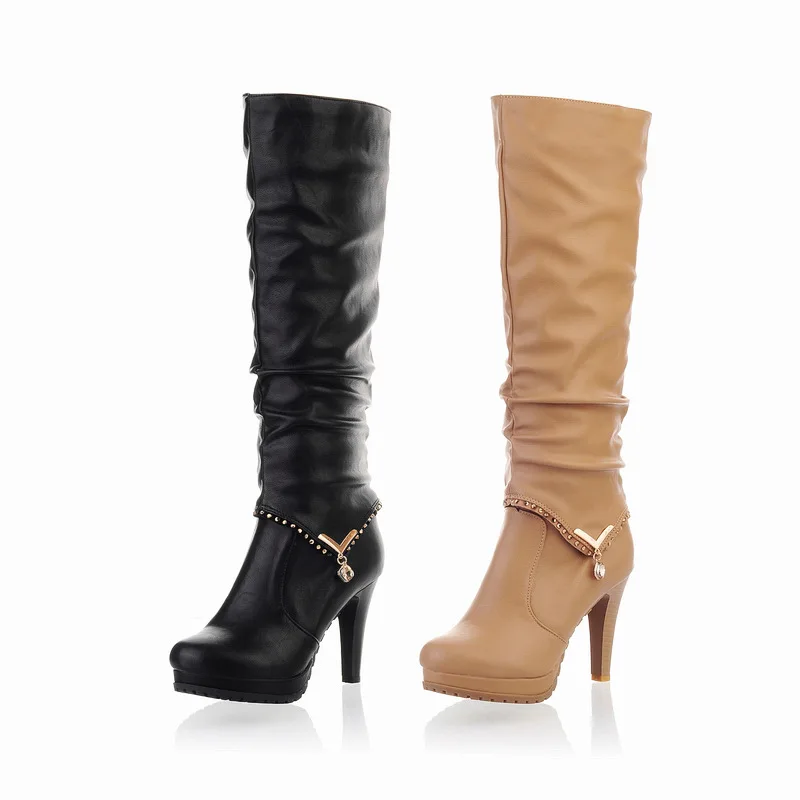 Nis-Botas de invierno cálidas para mujer, botines hasta la rodilla de cuero para motocicleta, calzado informal