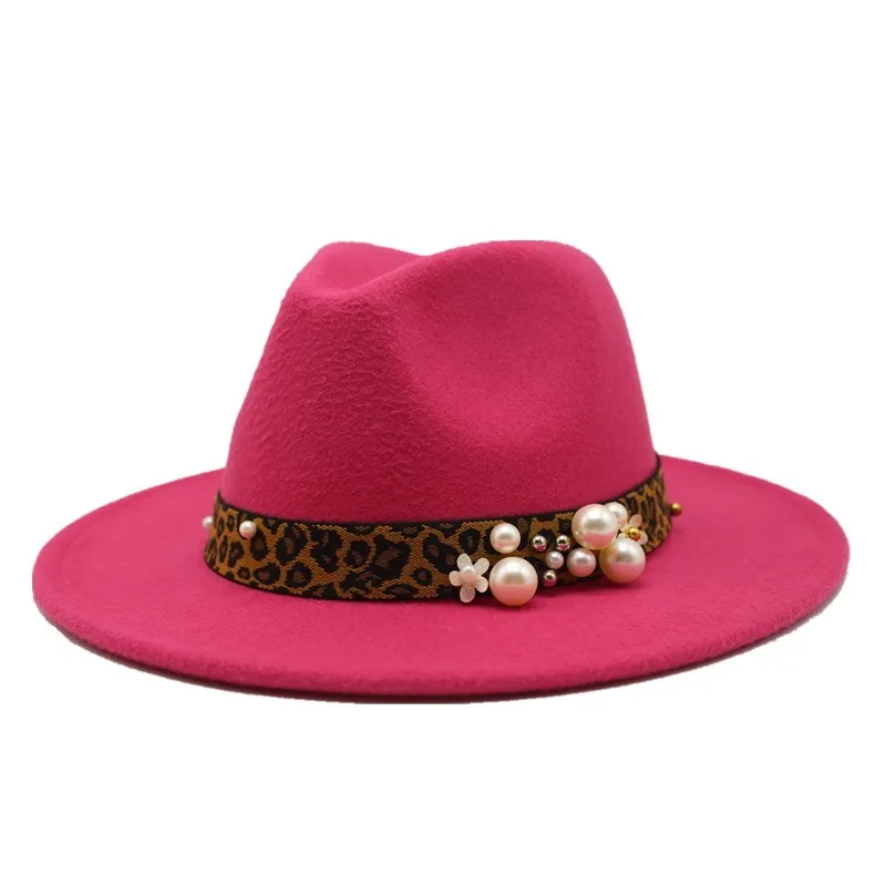 Женская зимняя Осенняя Шляпа Fedora, элегантные сексуальные леопардовые джазовые сексуальные леопардовые винтажные шерстяные шляпы с жемчугом