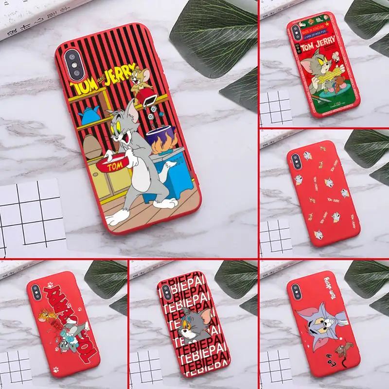 

Cute cartoon tom jerry Phone Case For iPhone XS MAX 11 Pro X XR 7 8 6 Plus Candy Color red Soft Silicone Cover