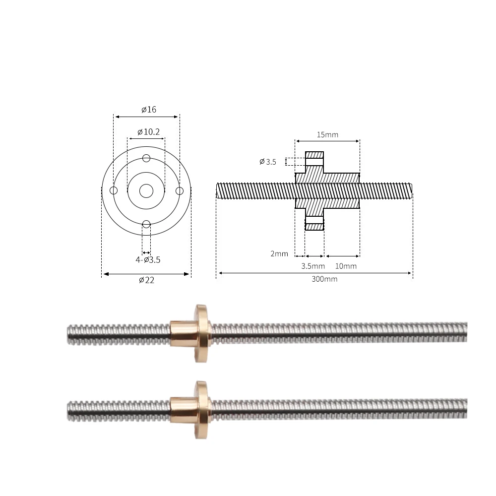T8 리드 스크류 OD 8mm 피치 2mm 리드 2mm/8mm 150mm 200mm 250mm 300mm 330mm 350mm 400mm 500mm Reprap 3D 프린터 용 황동 너트 포함