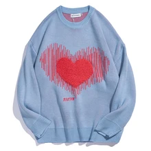 

Men Hip Hop Streetwear Heart Knitted Sweater Heart Patchwork Harajuku Sweater Jumper Casual Pullover Sweater Blue Autumn Spring