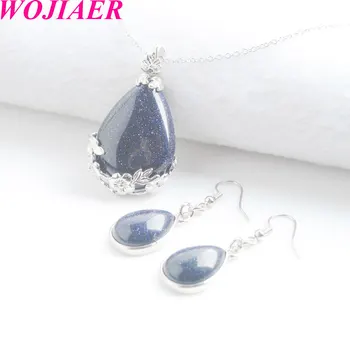 

WOJIAER 5Set Fashion Woman Christmas Gift Water Drop Natural Blue Sand Gem Stone Jewelry Sets Necklace + Earrings PQ3071