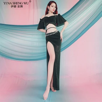 

New Women Bellydance Costume 2 Pieces Set Sexy Short Sleeve Oriental Dance Performance Show Dancewear Top Side Slit Skirt Adult