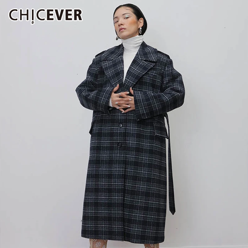 CHICEVER корейское клетчатое шерстяное пальто на шнуровке для женщин v-образный