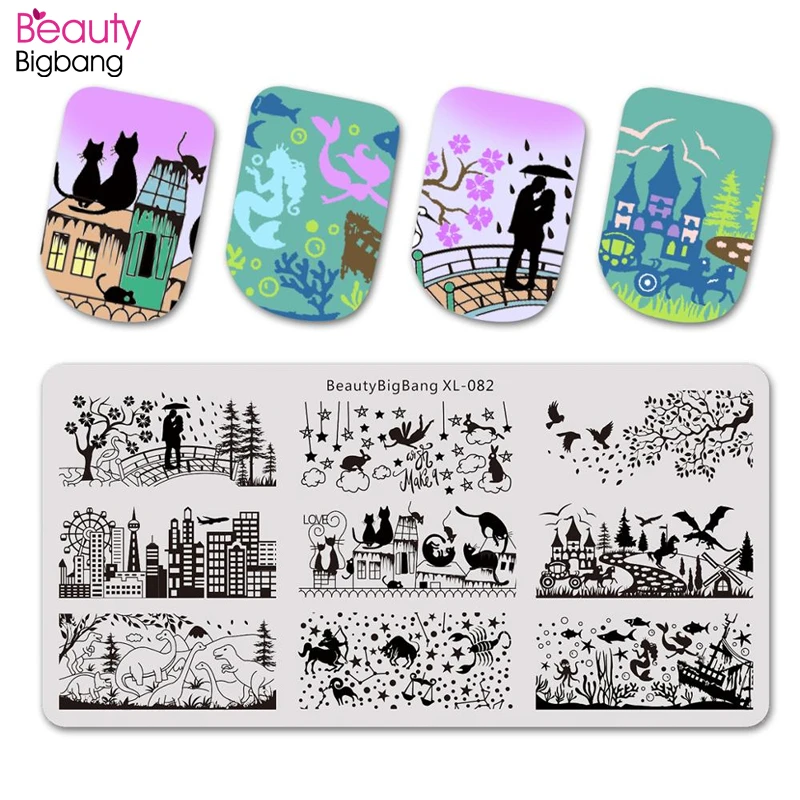 

Beautybigbang Stamping Plates Stainless Steel Dinosaur Park Lover Star Cat House Pattern Nail Art Stamping Plate Printing Image