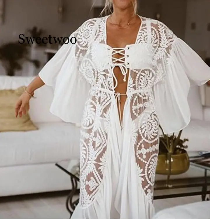 2020 New Bikini Cover-ups Sexy Belted Summer Dress White Lace Cotton Tunic Women  Beach Wear Swim Suit Cover Up