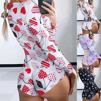

Women Heart Flower Print Long Sleeve Deep V Neck Slim Sexy Jumpsuit Bodysuit