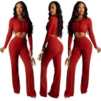 

Women's fashionable long-sleeved blouse and wide-leg pants suit two-piece