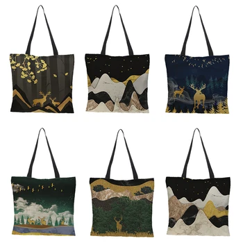 

Ins painted and image printed tote bag linen fabric bag casual folding shopping bag outdoor beach bag daily handbag 43*43cm