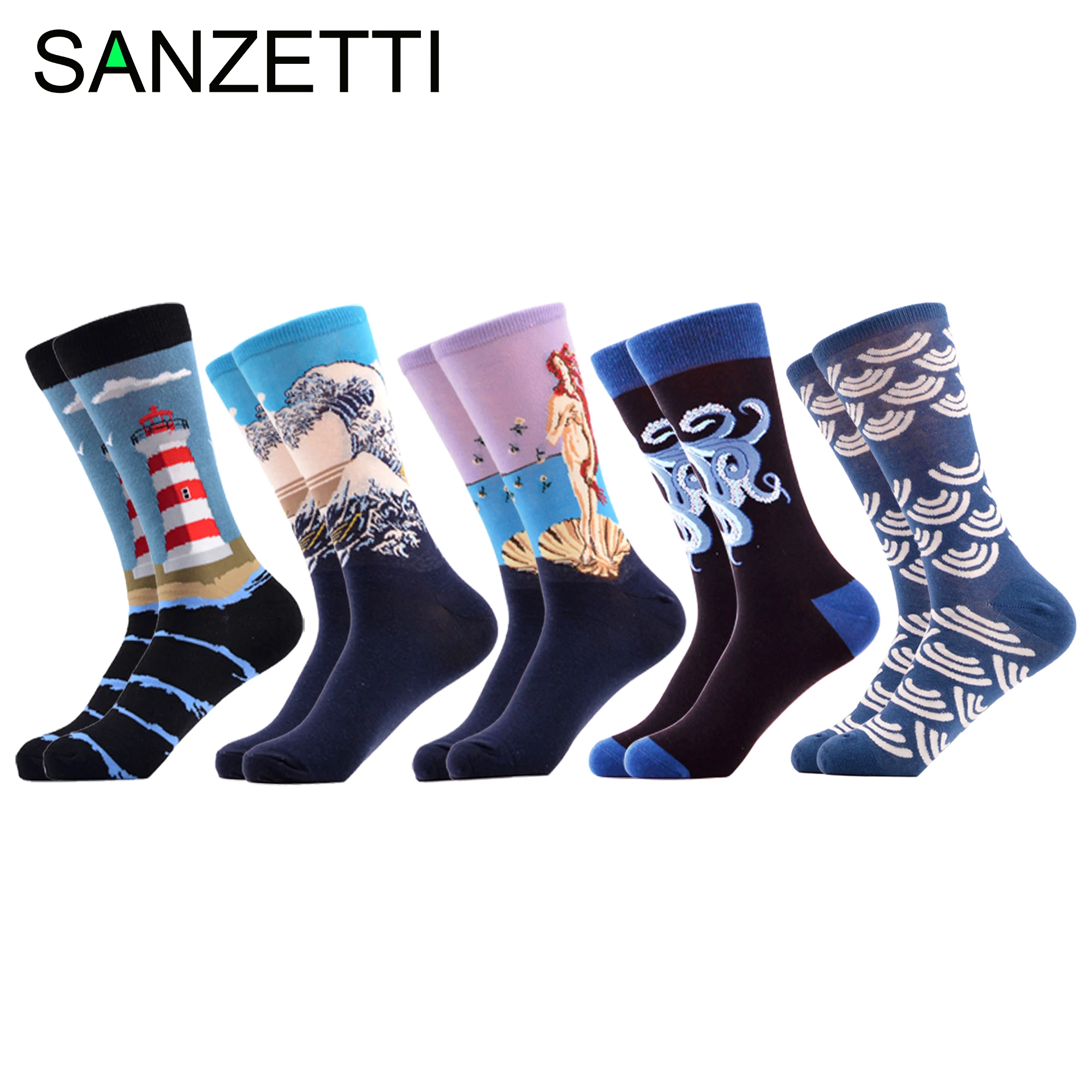 

SANZETTI 5 Pairs/Lot Mens Casual Combed Cotton Happy Crew Socks Personality Funny Ocean Pattern Party Gifts Creative Dress Socks