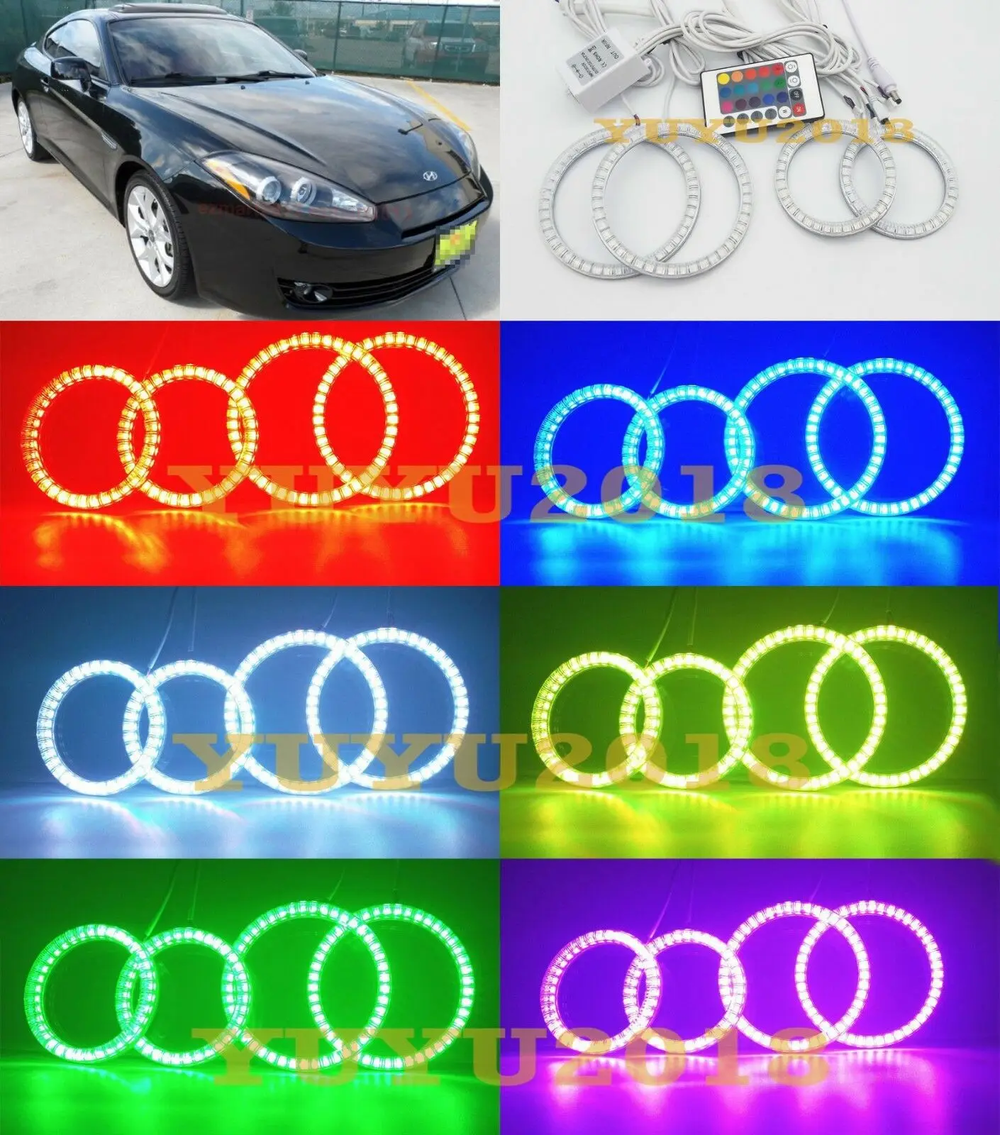 Многоцветный RGB светодиодные кольца-гало для Hyundai Tiburon 2003-2008 Sonata 2002-2005 I30 2008-2011 фар ангельские глазки дьявол, демон дневные ходовые огни