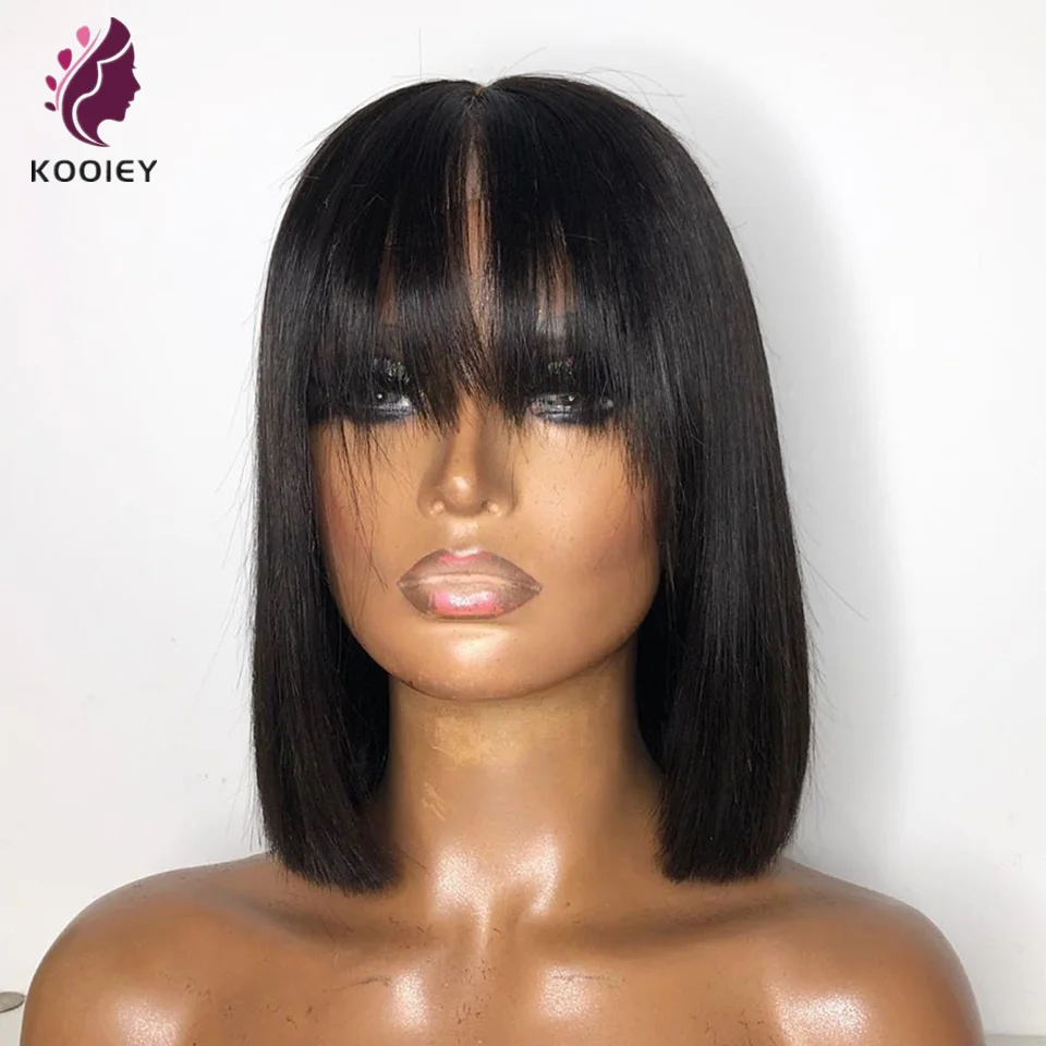 Peluca con flequillo de cabello humano Bob corto pelucas de cabello humano recto peluca con malla Frontal Fringe V 13x4 peluca Frontal de encaje Remy peruano 130% de densidad