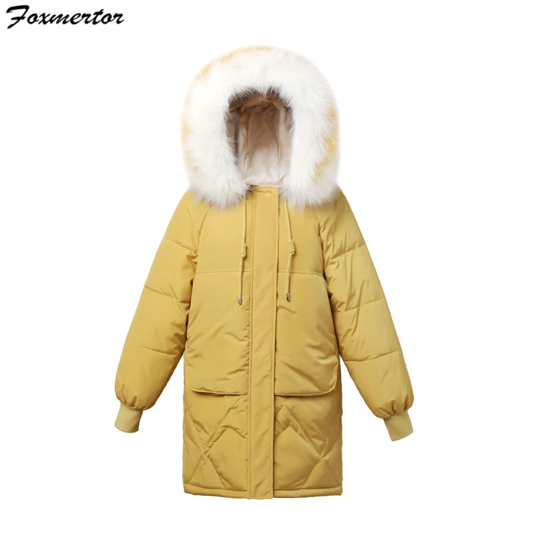 Новая женская зимняя куртка парка пуховик искусственный енот меховой воротник с капюшоном теплое Свободное пальто bf большие стеганые куртки повседневная верхняя одежда