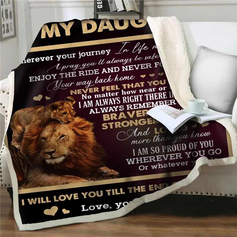 

3D Lion Throw Blanket Letter To My Daughter Printed Bedspreads Plush Sherpa Blanket Soft Warm Bedding Travel Office Nap Blankets