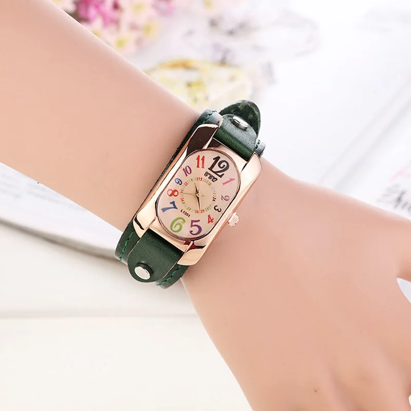 

AliExpress Hot Selling Students Genuine Leather Quartz Watch Korean-style Color with Numbers Square Dial Women's Fashion Watch