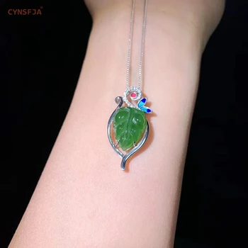 

CYNSFJA Real Certified Natural Hetian Jasper 925 Sterling Silver Amulets Leaf Green Jade Pendant Hand Carved High Quality Gifts
