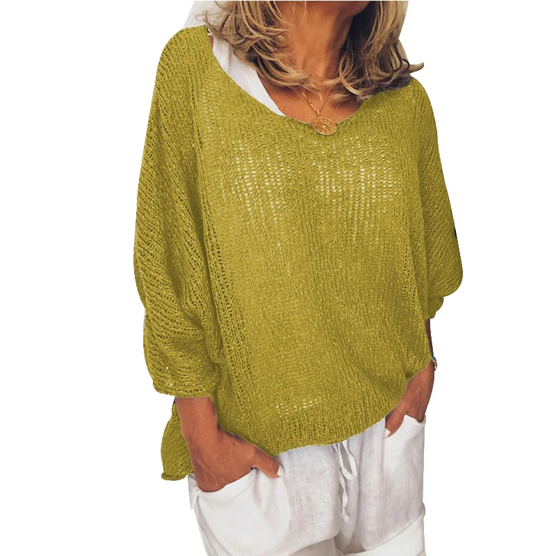 

Women Solid Color Knit Sweater Shirt Blouse Round Neck Long Sleeve Casual Tops HSJ88