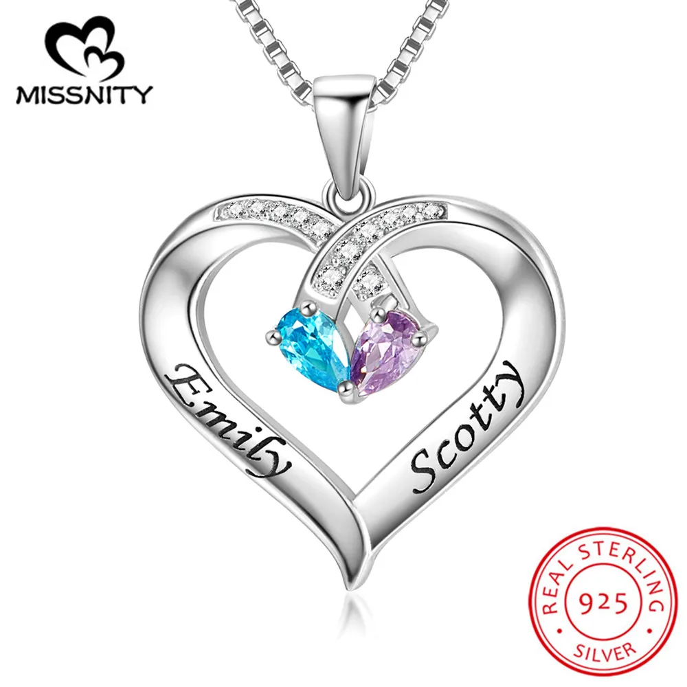 

Personalized 2 Birthstone Promise Necklace Mother Necklace Engraved Name Sterling Silver Custom Heart Pendant Gifts for Her