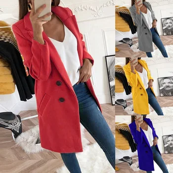 

2019 New Hot Fashion Autumn Long Coat Women Turn Down Collar Solid Yellow Coat Casual Lady Slim Elegant Blends Outerwear Clothes