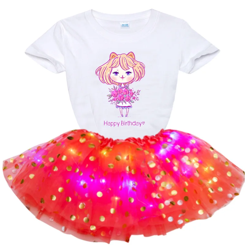 

2021 Summer Girls Shiny Dress Cartoon Print T Shirt+Glowing Skirts Set Girls Princess Party Dress Baby Kids Children Clothing