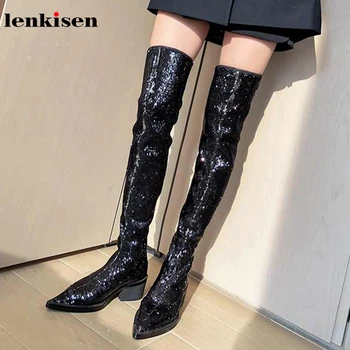 

Lenkisen new streetwear fashion gorgeous pointed toe high heels bling stretch catwalk winter women warm over-the-knee boots L17