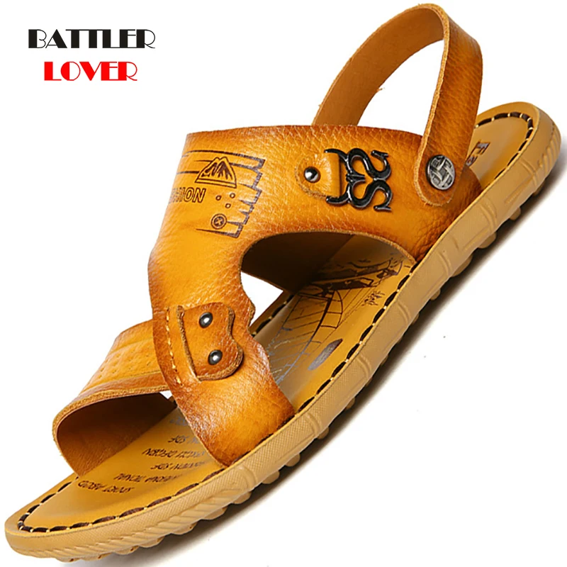 Men Sandals Cow Leather Summer Beach Shoes Outdoor Travel Footwear Genuine Leather Mens Sandals Soft Sole Breathable