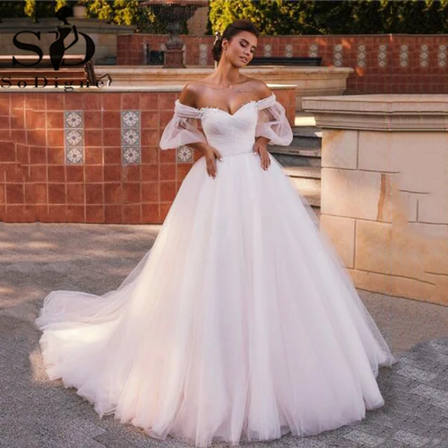 Elegant Two-Piece A-Line Tulle Wedding Dress with Off-Shoulder Long Sleeved  Top