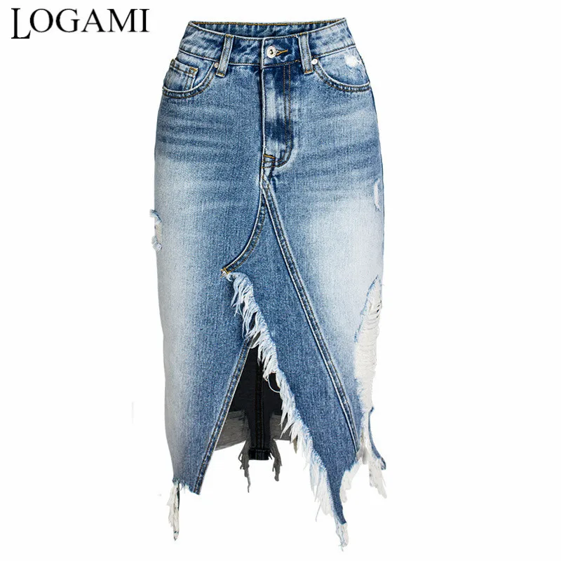 

LOGAMI Ripped Denim Skirts Womens Asymmetrical Pencil Jean Skirt Ladies High Split Midi Skirt Plus Size 2XL 3XL