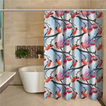 

Rowan 3D Printed Shower Curtain Bullfinch Birds with Open Wings on Rowan Shrubs with Ripe Berries Art Pattern Print Hotel