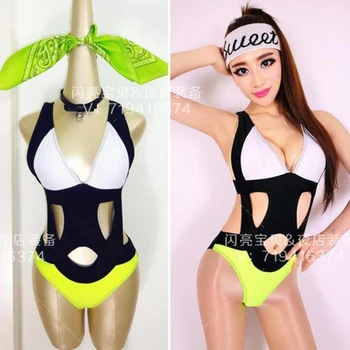

New Nightclub Bar DJ Female Singer Party Outfits Sexy Hollow Bodysuit Female Singer Cheerleading Bikini Ds Stage Costume DL4362