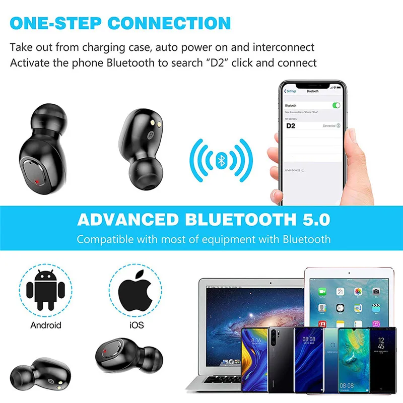 D2 Wireless Bluetooth Headset 5 0 Stereo Sport Earphones CVC Voice Noise Reduction Headphones with Microphone For IPhone Huawei