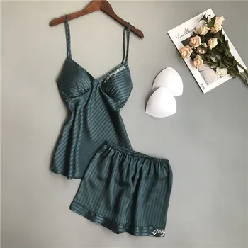 

Satin Striped Home Clothing 2PCS Pajamas Suit Summer New Arrival Women Sexy Sleep Set Homewear Pyjamas Casual Sleepwear