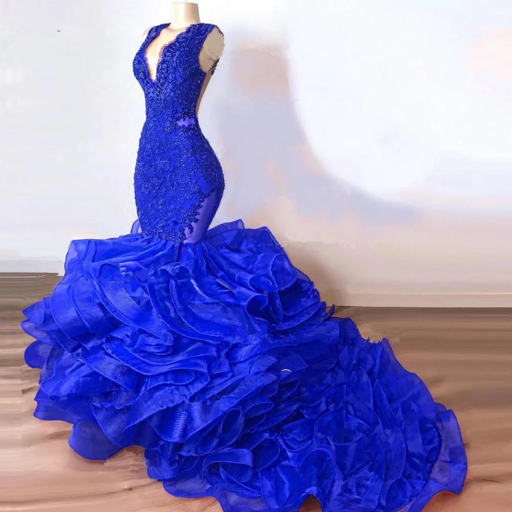 Luxury Royal Blue Lace Beaded Mermaid Evening Dresses Puffy Bottom Ruffles Long Prom Gowns Sexy Party Dress Vestido Formatura yellow formal dresses