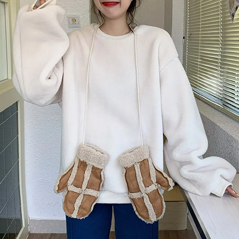 white Sweatshirt RICININA, женский свитер, свободный, длинный рукав, o-образный вырез, однотонный, Повседневный, свободный, пуловер, теплый, овечья шерсть, толстовки для женщин - Цвет: white Sweatshirt